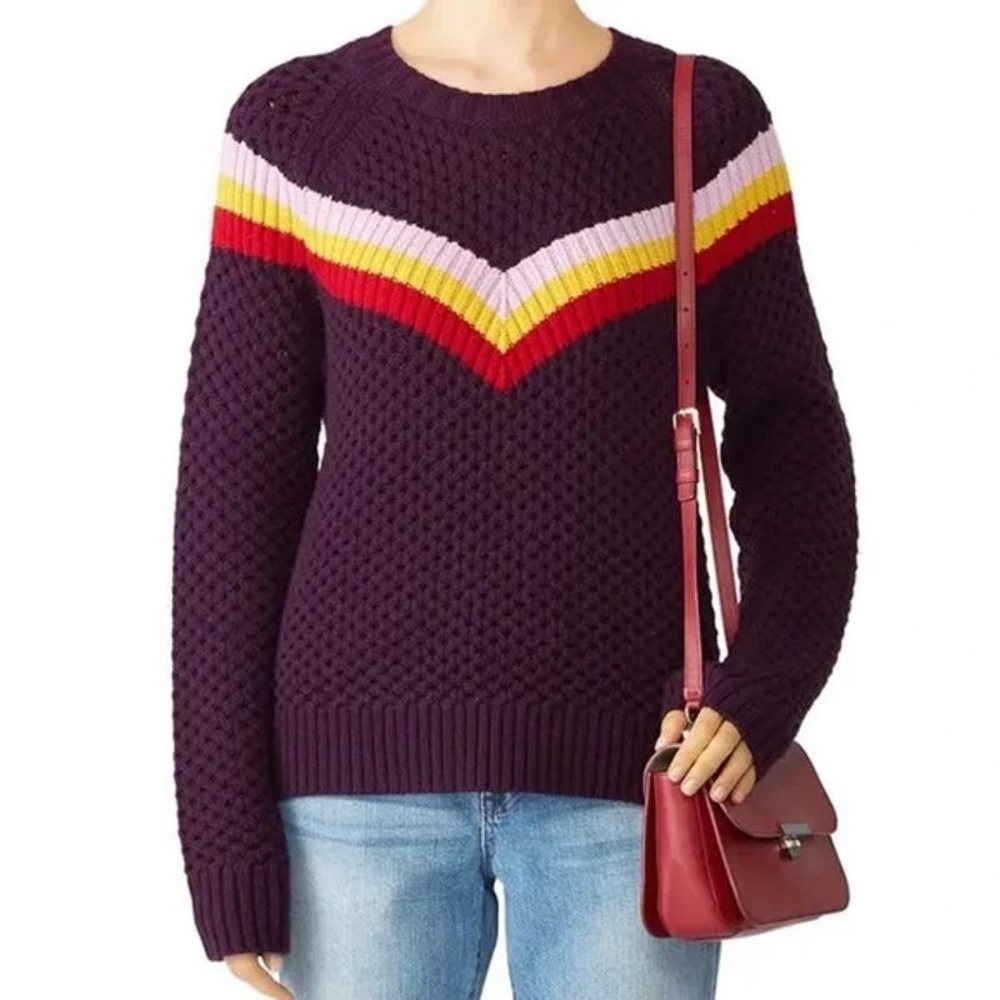 Milly Plum Crewneck Sweater with Multicolor Chevron Stripes